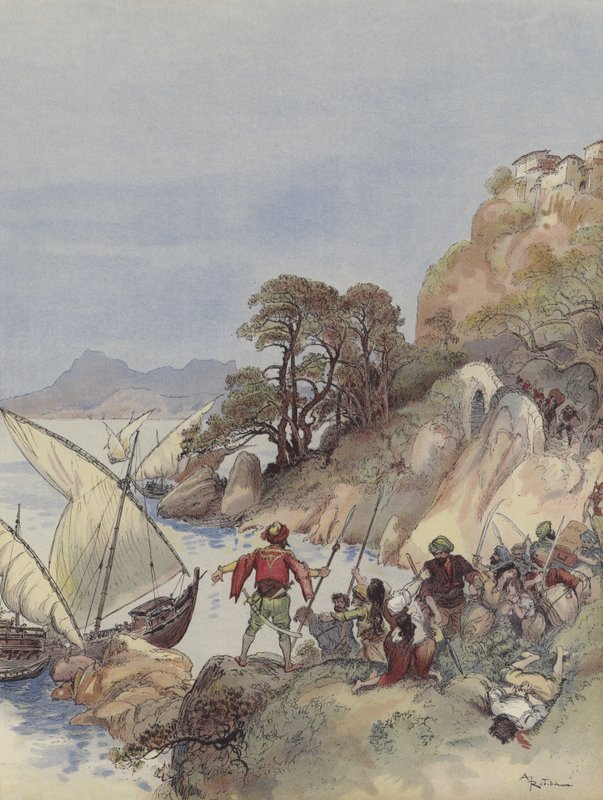 De Barbarijse zeerovers terroriseren de kust van de Middellandse Zee, ontvoeren de inwoners om ze als slaven te verkopen door Albert Robida