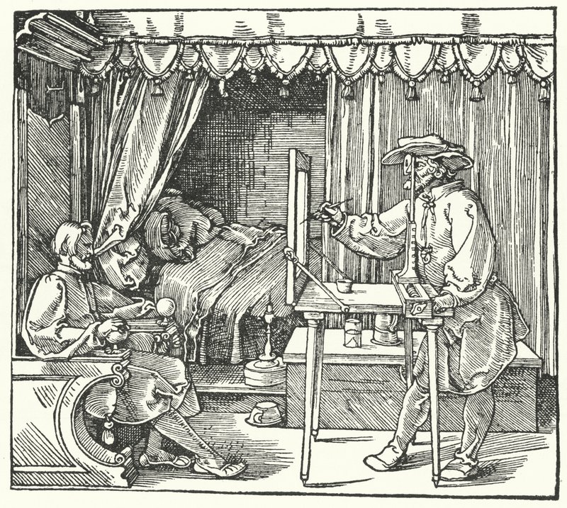 Methode om een schaalbeeld te maken door de omtrekken van het object op een glasplaat te markeren door Albrecht (after) Durer or Duerer