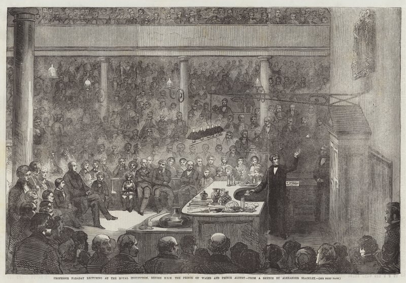Professor Faraday geeft een lezing aan de Royal Institution, voor ZKH de Prins van Wales en Prins Albert door Alexander Blaikley
