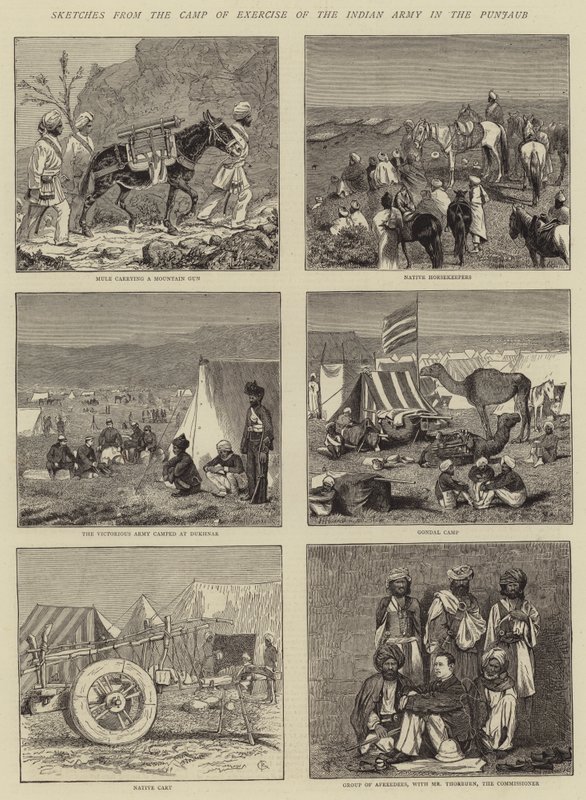 Schetsen van het oefenkamp van het Indiase leger in de Punjab door Alfred Chantrey Corbould