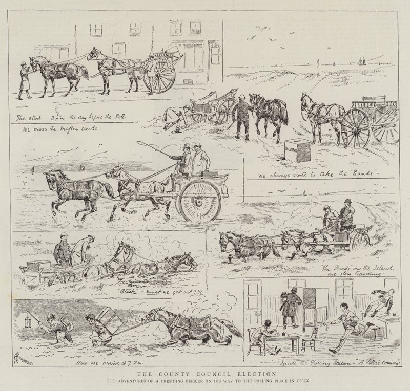 De County Council-verkiezing, de avonturen van een voorzitter op weg naar het stembureau in Essex door Alfred Chantrey Corbould