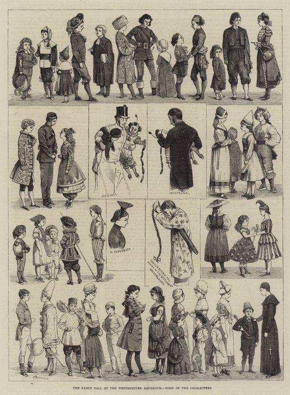 Het Fantasie Bal in het Westminster Aquarium, enkele van de Personages door Alfred Chantrey Corbould