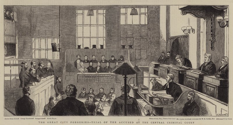De grote stadsvervalsingen, proces van de beschuldigden in het Central Criminal Court door Alfred Chantrey Corbould