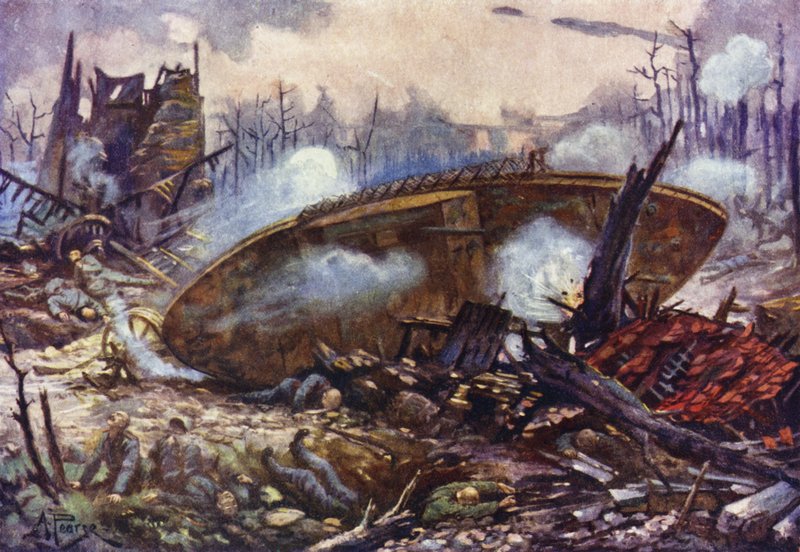 Kapitein Arthur Inglis van het Gloucester Regiment brengt zijn tank vooruit over zeer moeilijk terrein nadat een van zijn wielen was opgeblazen, Eerste Wereldoorlog door Alfred Pearse