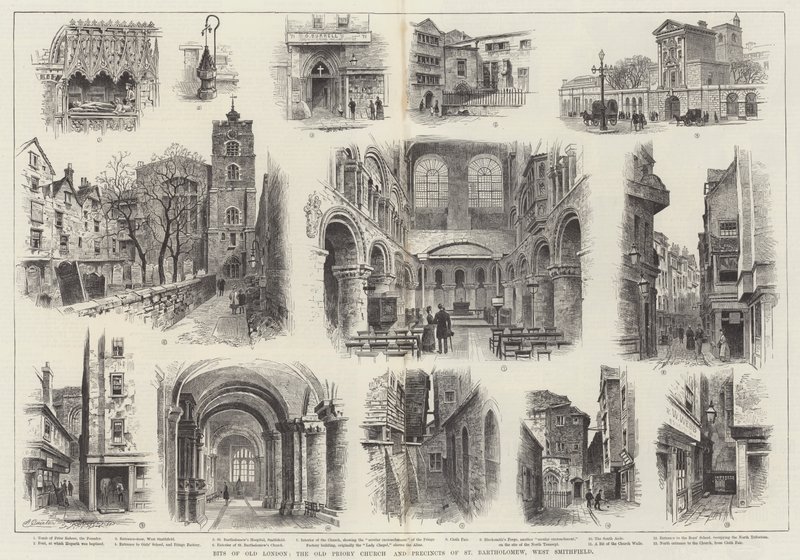 Stukken van Oud Londen, de Oude Priorijkerk en het terrein van St. Bartholomew, West Smithfield door Alfred Robert Quinton