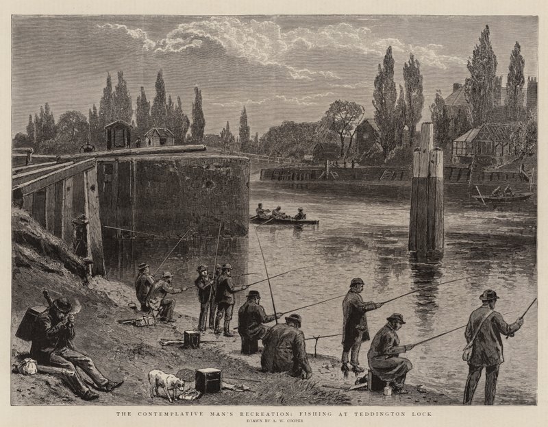 De contemplatieve recreatie van de man, vissen bij Teddington Lock door Alfred W. Cooper