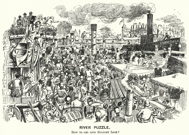 Punch cartoon: Congestie op de rivier de Theems bij Molesey Lock, Surrey (gravure) door Alfred Chantrey Corbould