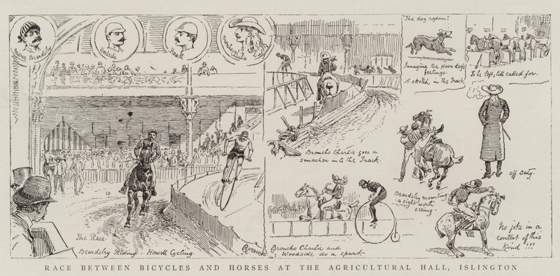 Wedstrijd tussen Fietsen en Paarden in de Landbouwhal, Islington door Alfred Chantrey Corbould