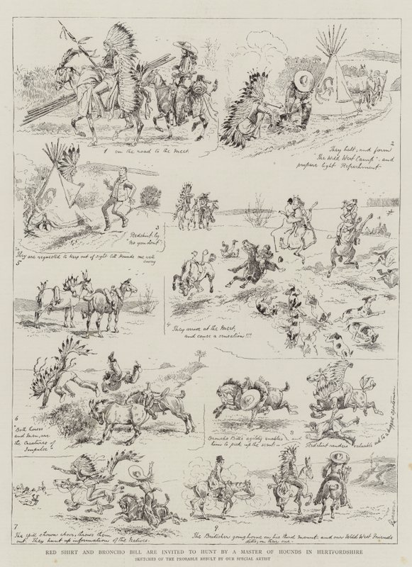 Red Shirt en Broncho Bill worden uitgenodigd om te Jagen door een Meester van de Jacht in Hertfordshire door Alfred Chantrey Corbould