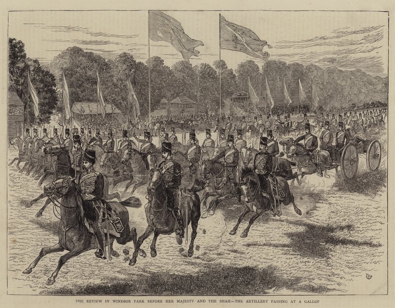 De parade in Windsor Park voor Hare Majesteit en de sjah, de artillerie passeert in galop door Alfred Chantrey Corbould
