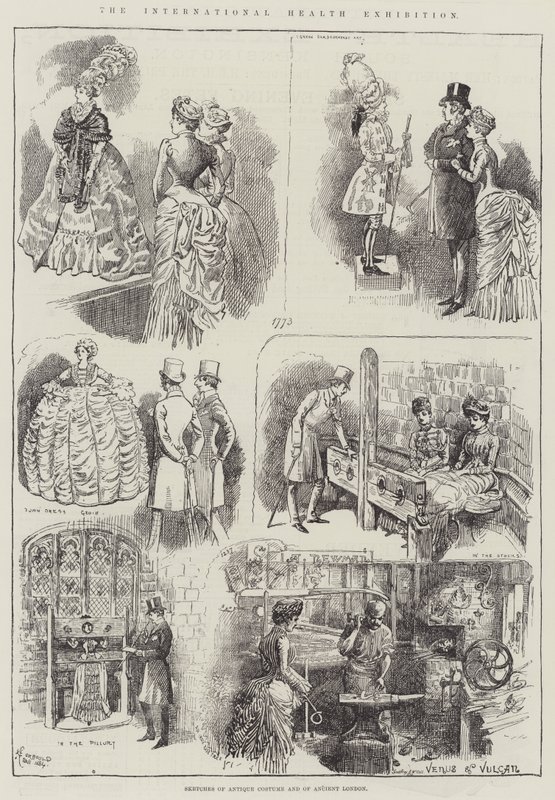 De Internationale Gezondheids Tentoonstelling, schetsen van antieke kostuums en van oud Londen door Alfred Courbould