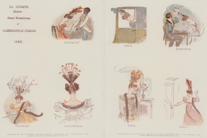 Facsimiles van originele aquarellen, ontworpen om de mode in vrouwelijke hoofdtooien van het jaar 1828 te satiriseren door Alfred Edward Chalon