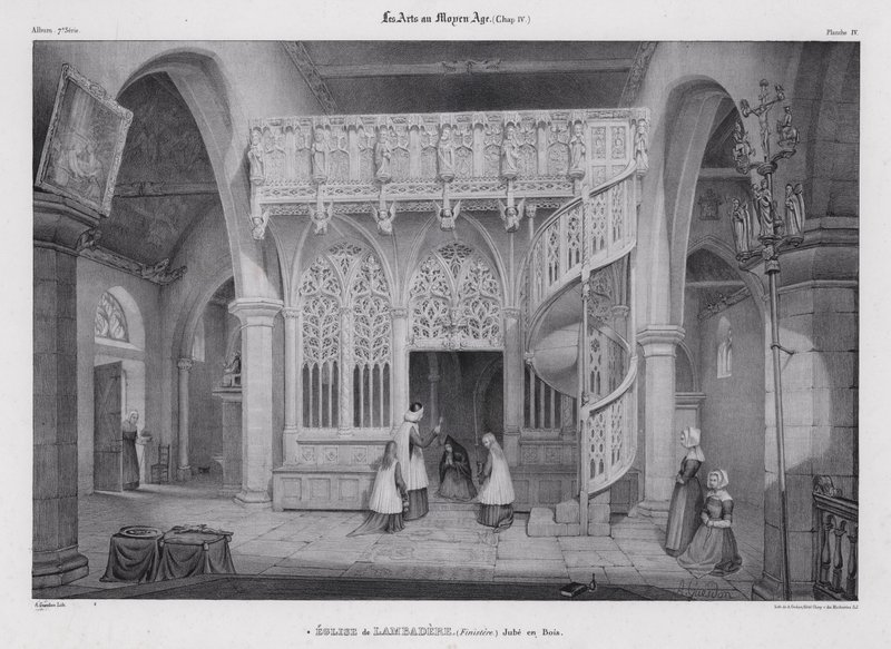 Gesneden houten doksaal van de Kapel van Notre Dame de Lambader, Plouvorn, Bretagne, Frankrijk door Alfred Guesdon