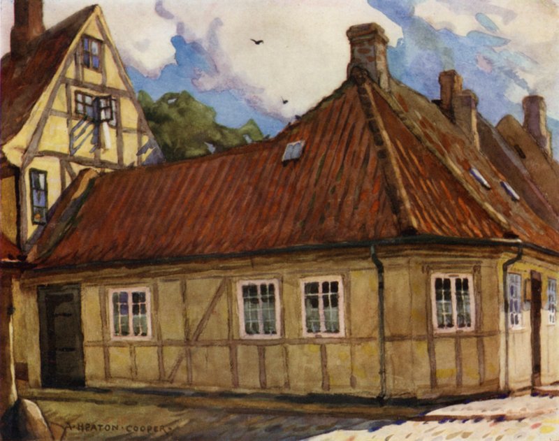 Denemarken: Odense, de geboorteplaats van Hans Andersen (kleur litho) door Alfred Heaton Cooper
