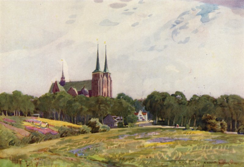 Denemarken: Roskilde Kathedraal (kleur litho) door Alfred Heaton Cooper