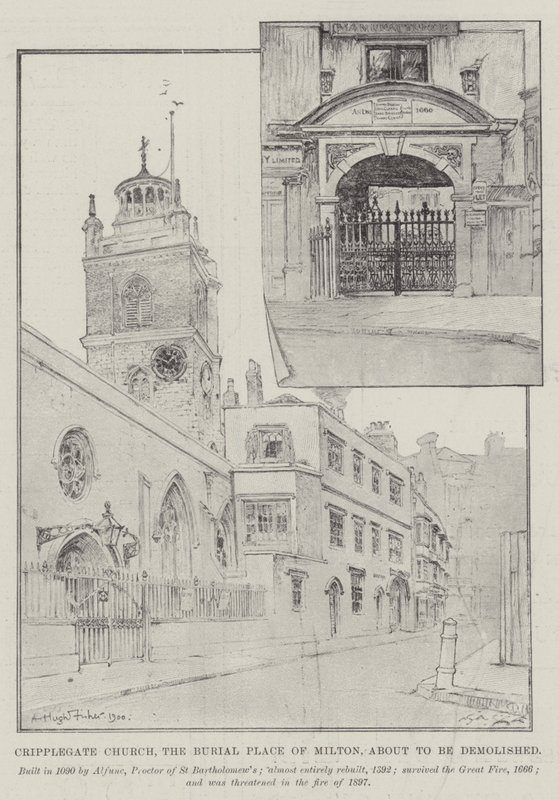 Cripplegate Church, de begraafplaats van Milton, op het punt om gesloopt te worden door Alfred Hugh Fisher