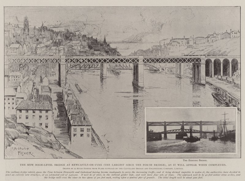 De Nieuwe Hooggelegen Brug in Newcastle-on-Tyne (de Grootste sinds de Forth Brug), zoals het eruit zal zien wanneer voltooid door Alfred Hugh Fisher