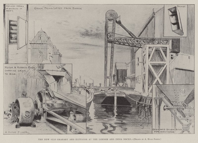 De nieuwe silo graanschuur en lift bij de London en India Docks door Alfred Hugh Fisher