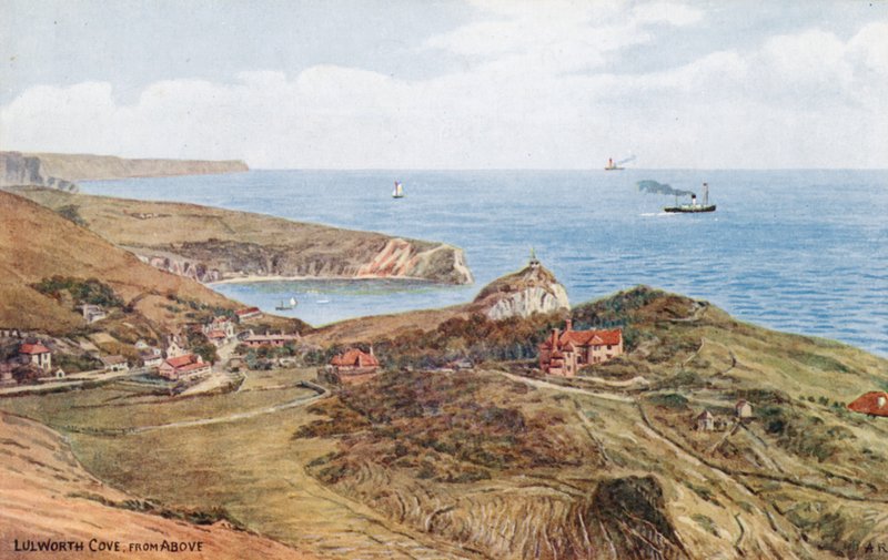 Lulworth Cove, van bovenaf (kleur litho) door Alfred Robert Quinton