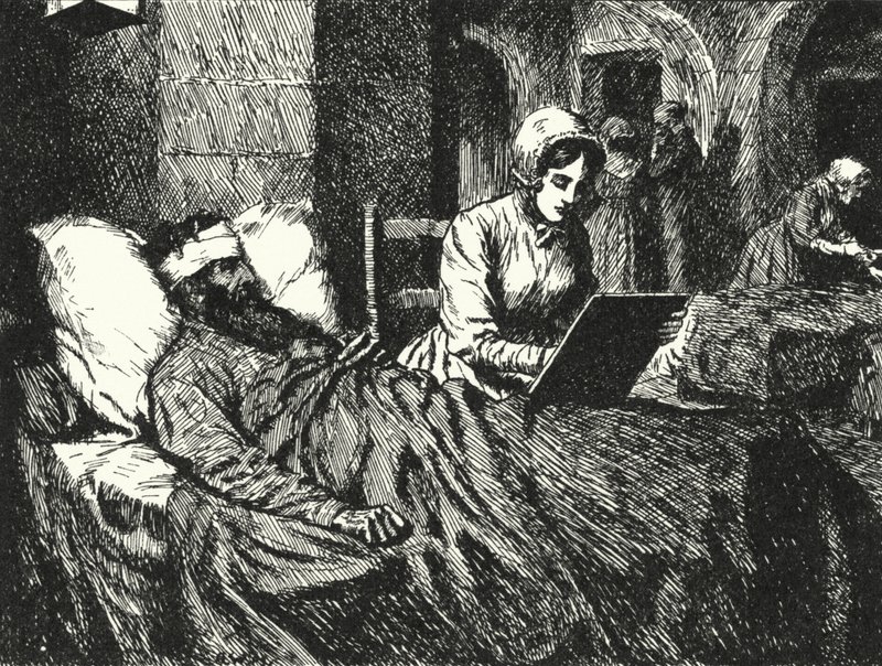 De Engelse verpleegster Florence Nightingale schrijft een brief voor een soldaat die gewond is geraakt in de Krimoorlog in het ziekenhuis van Scutari, 1855 door Alfred Wallis Mills