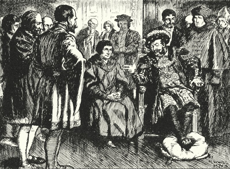 Sir Thomas More aan het hof van Hendrik VIII, weerstaat de pogingen van de koning om hem iets te laten zeggen om hem te vermaken door Alfred Wallis Mills