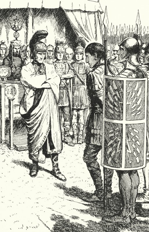 De Romeinse keizer Theodosius de Grote veroordeelt Magnus Maximus ter dood voor zijn rol in de moord op Gratianus, 388 door Alfred Wallis Mills