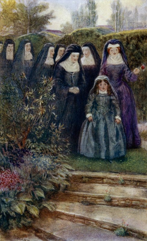 De jonge Marie-Angelique Arnauld wandelt in de kloostertuin met haar nonnen door Alfred Wallis Mills