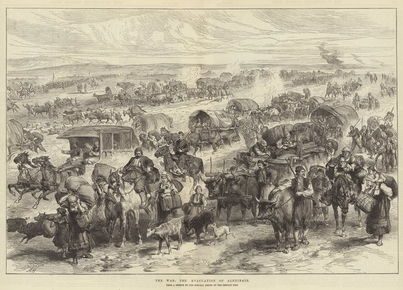 De oorlog, de evacuatie van Alexinatz door Alfred William Hunt