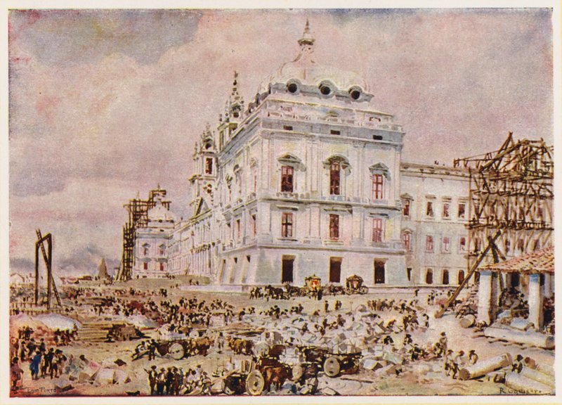 Bouw van het Paleis-Klooster van Mafra, Portugal door Alfredo Roque Gameiro