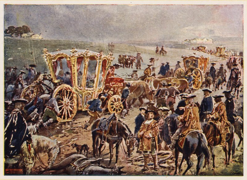 Koning Johan V van Portugal reist naar de Spaanse grens door Alfredo Roque Gameiro