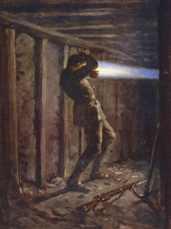 Een tong van blauwe vlam schiet uit de vijandelijke mijnengalerij en verbrandt ernstig soldaat T Bytheway, 20 oktober 1915 door Allan (after) Stewart