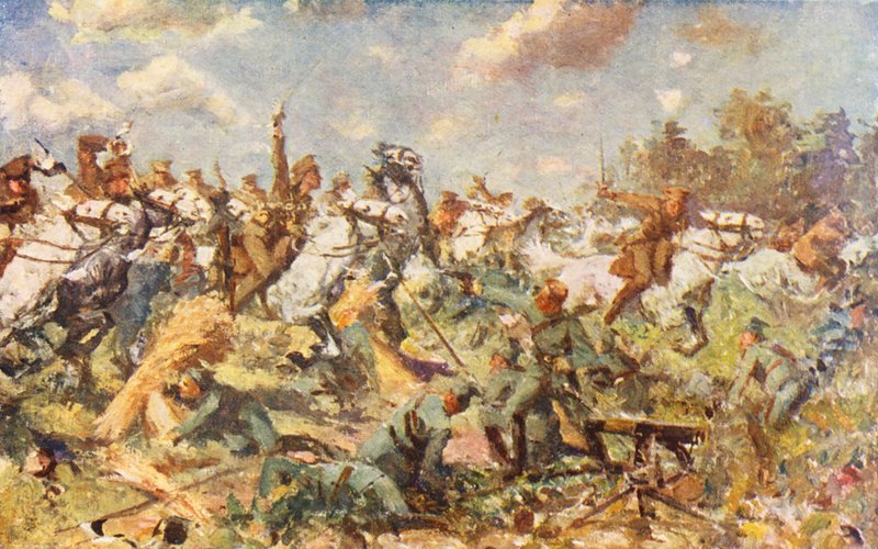 WO1: De aanval van de Scots Greys, augustus 1914 (kleur litho) door Allan Stewart