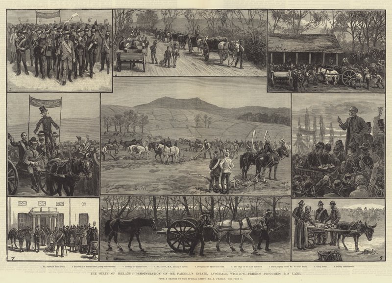 De toestand van Ierland, demonstratie op het landgoed van Mr. Parnell, Avondale, Wicklow, vrienden ploegen zijn land door Aloysius O