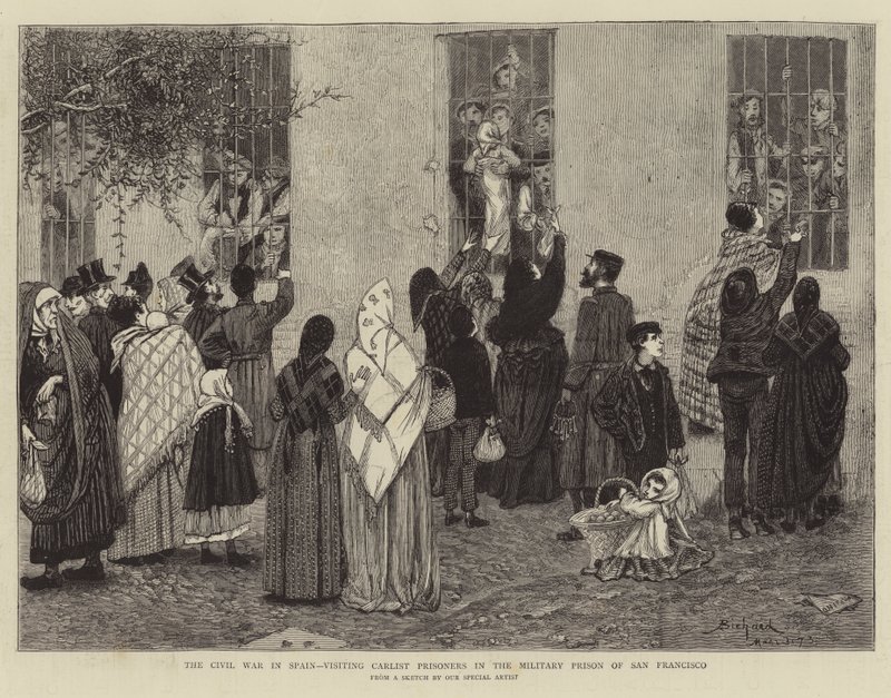 De Burgeroorlog in Spanje, bezoek aan Carlistische Gevangenen in de Militaire Gevangenis van San Francisco door Alphonse Adolphe Bichard