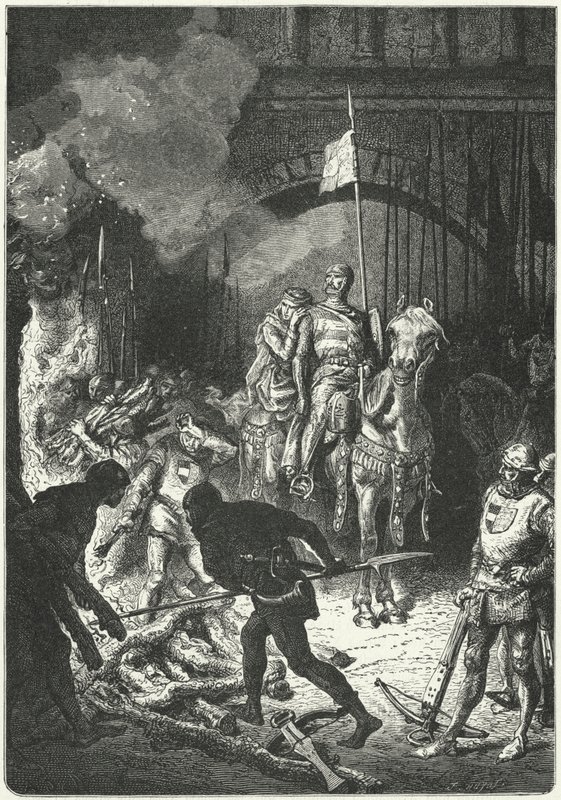 El Cid, vergezeld door zijn vrouw Dona Jimena, houdt toezicht op de bouw van de brandstapel van Ahmed, Moorse koning van Valencia door Alphonse Marie de (after) Neuville