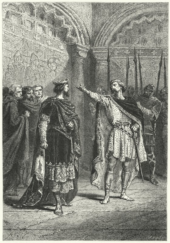 Hugh Capet, koning van de Franken, en de opstandige graaf Adalbert van Perigord, 987 (gravure) door Alphonse Marie de (after) Neuville