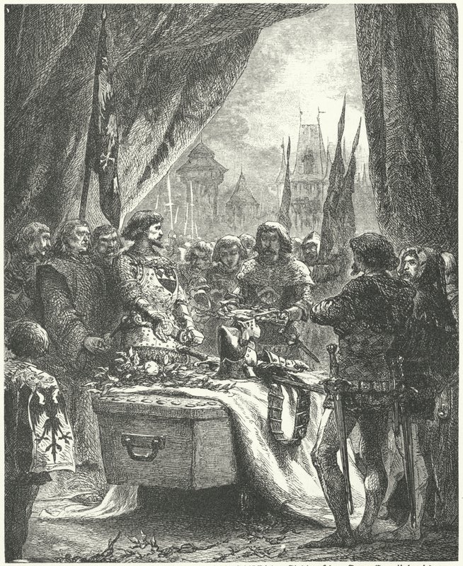 De commandant van Chateauneuf de Randon legt de sleutels van de stad op de kist van Bertrand du Guesclin door Alphonse Marie de (after) Neuville