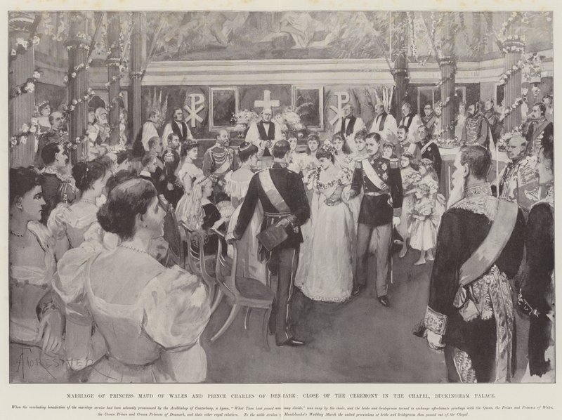 Huwelijk van prinses Maud van Wales en prins Charles van Denemarken, einde van de ceremonie in de kapel, Buckingham Palace door Amedee Forestier