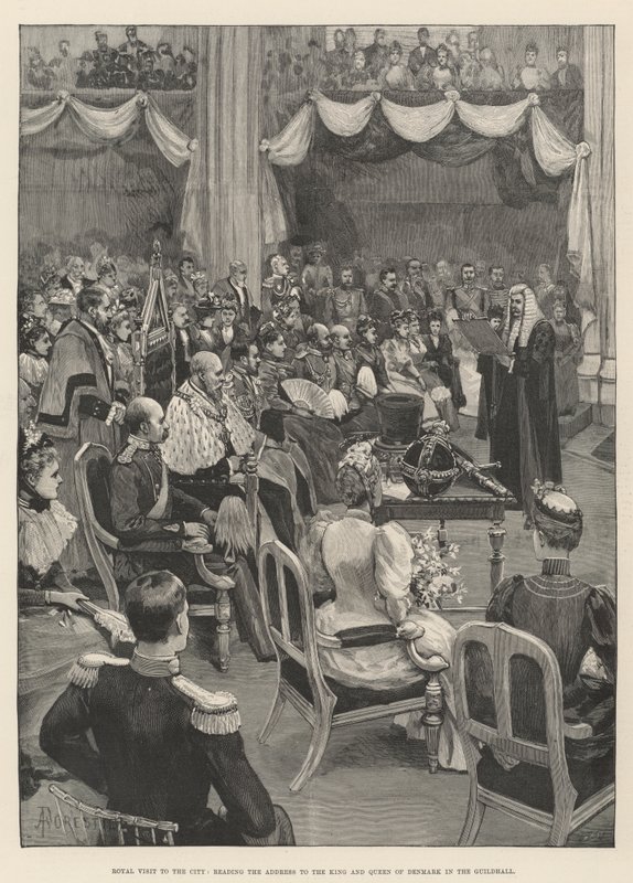 Koninklijk bezoek aan de stad, het voorlezen van het adres aan de koning en koningin van Denemarken in de Guildhall door Amedee Forestier