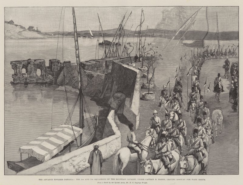 De opmars naar Dongola, de 5e en 7e eskadrons van de Egyptische cavalerie, onder leiding van kapitein D Mahon, vertrekken uit Assouan naar Wady Halfa door Amedee Forestier