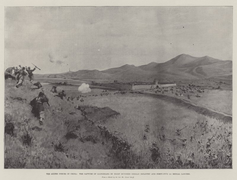 De geallieerde troepen in China, de verovering van Lianghiang door achthonderd Duitse infanteristen en vijfenveertig 1e Bengal Lancers door Amedee Forestier