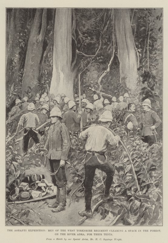 De Ashanti-expeditie, mannen van het West Yorkshire Regiment die een ruimte in het bos vrijmaken, aan de rivier de Adra, voor hun tenten door Amedee Forestier