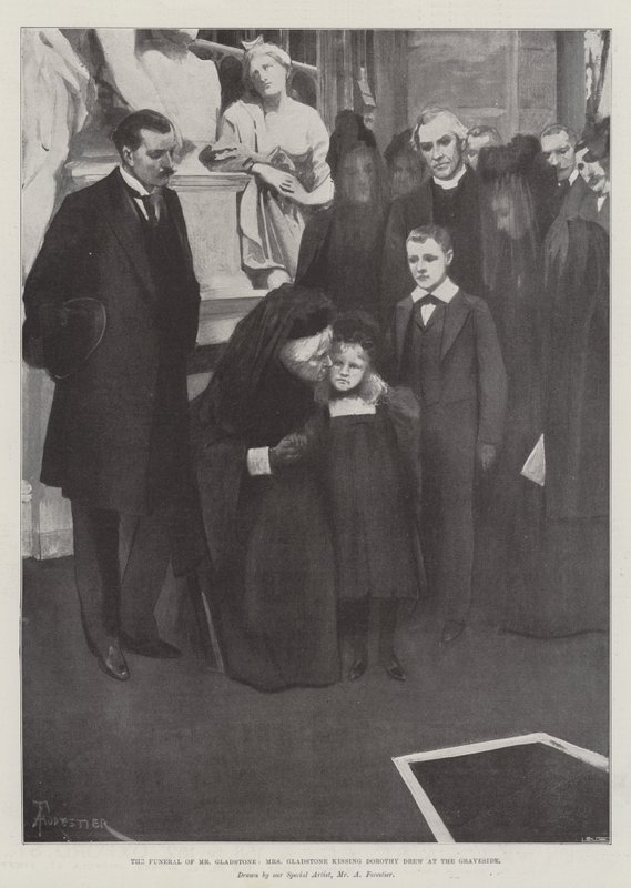 De begrafenis van Mr. Gladstone, Mrs. Gladstone kust Dorothy Drew bij het graf door Amedee Forestier