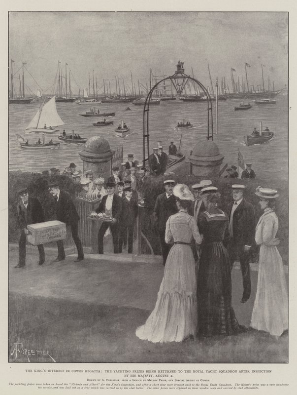 De interesse van de koning in de Cowes Regatta, de zeilprijzen worden teruggebracht naar het Royal Yacht Squadron na inspectie door Zijne Majesteit, 2 augustus door Amedee Forestier