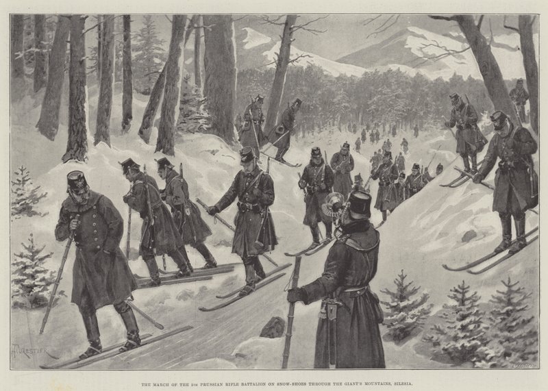 De Mars van het 5e Pruisische Schuttersbataljon op Sneeuwschoenen door de Reuzenbergen, Silezië door Amedee Forestier