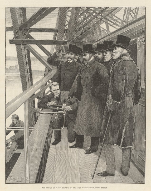De Prins van Wales slaat de laatste klinknagel in de Forth Bridge door Amedee Forestier