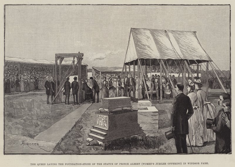 De koningin legt de eerste steen van het standbeeld van prins Albert (Women