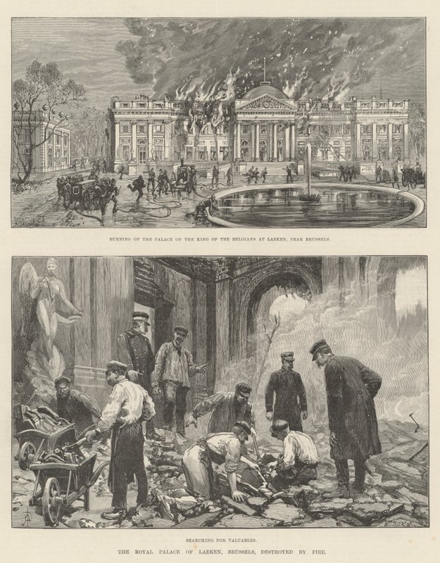 Het Koninklijk Paleis van Laken, Brussel, verwoest door brand door Amedee Forestier