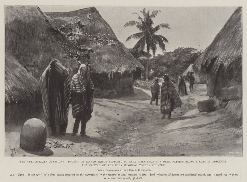 De West-Afrikaanse Vraag, Eguns, of Heilige Wezens die verondersteld worden uit de Dood te zijn opgestaan, langs een Weg in Abeokuta, de Hoofdstad van het Egba Koninkrijk, Yoruba Land door Amedee Forestier
