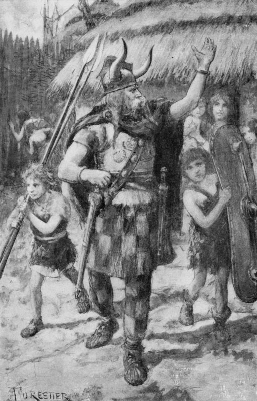 De Keltische inwoners van een dorp in Groot-Brittannië zetten zich in om de binnenvallende Teutonen af te weren (litho) door Amedee (after) Forestier